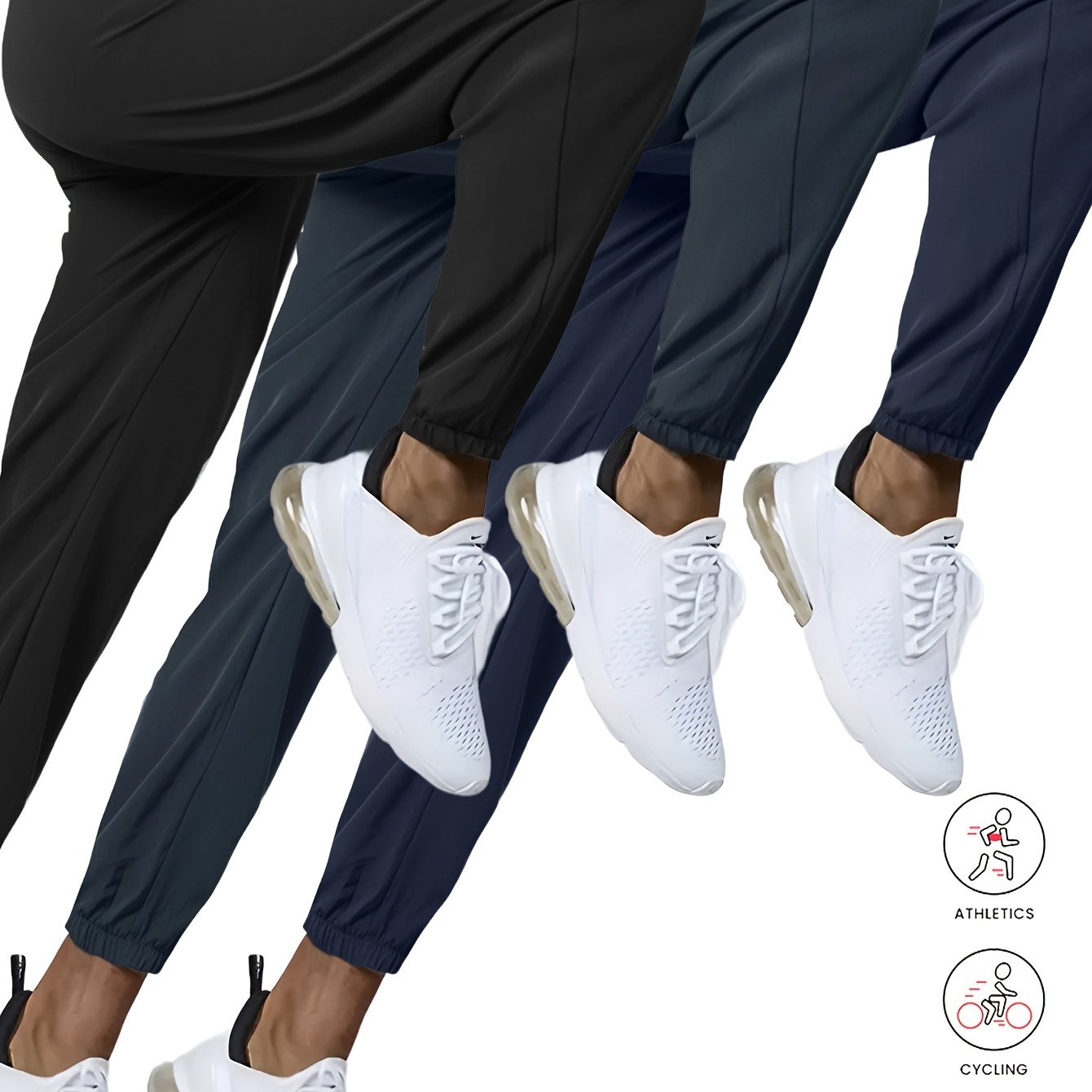 3pcs Men's High-Waist Athletic Pants - Breathable, Quick-Dry Fabric with Zipper Pockets | Ideal for Gym, Running & Outdoor Activities | Slim Fit, All-Season Wear in Black, Navy, Dark Blue, Yoga Apparel|Smooth Texture Pants|Br