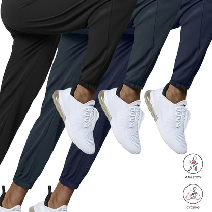 3pcs Men's High-Waist Athletic Pants - Breathable, Quick-Dry Fabric with Zipper Pockets | Ideal for Gym, Running & Outdoor Activities | Slim Fit, All-Season Wear in Black, Navy, Dark Blue, Yoga Apparel|Smooth Texture Pants|Br