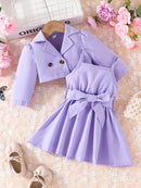 Baby Girls Fashion Button Long Sleeve Lapel Collar Coat + Bow Pleated Suspender Skirt Two-piece Set Outdoor Clothing