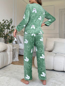 [Home Relaxation] Cozy & Warm Women's Fleece Pajama Set in Green with White Cartoon Rabbit Pattern - Soft Polyester, Anti-Static, Machine Washable - Elegant Home Loungewear with Round Neck Top & Pants for Fall/Winter, Plus Si