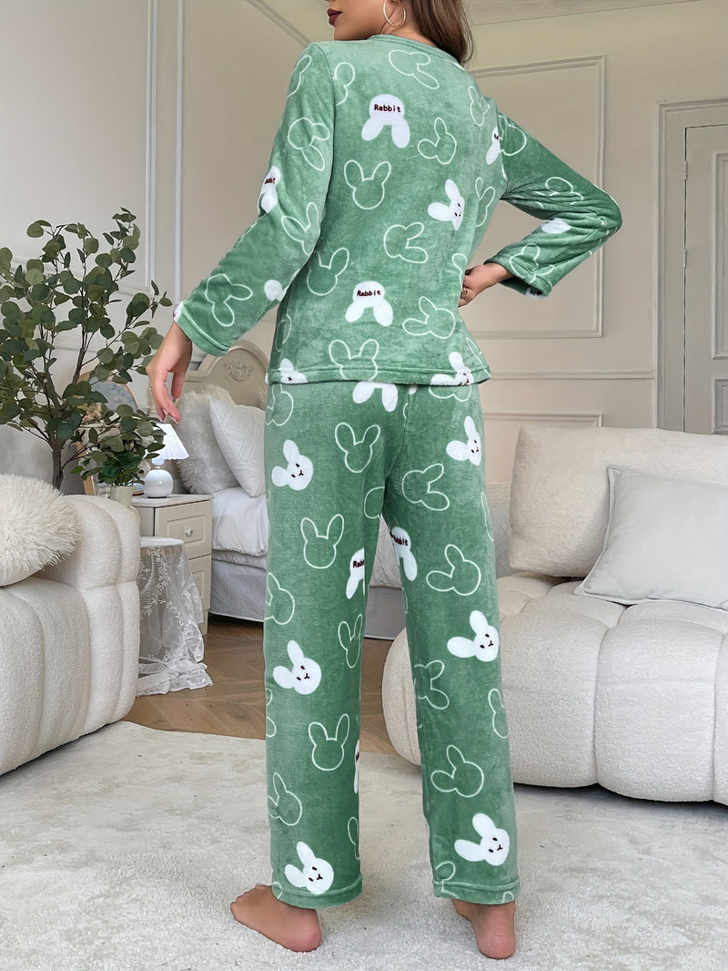 [Home Relaxation] Cozy & Warm Women's Fleece Pajama Set in Green with White Cartoon Rabbit Pattern - Soft Polyester, Anti-Static, Machine Washable - Elegant Home Loungewear with Round Neck Top & Pants for Fall/Winter, Plus Si