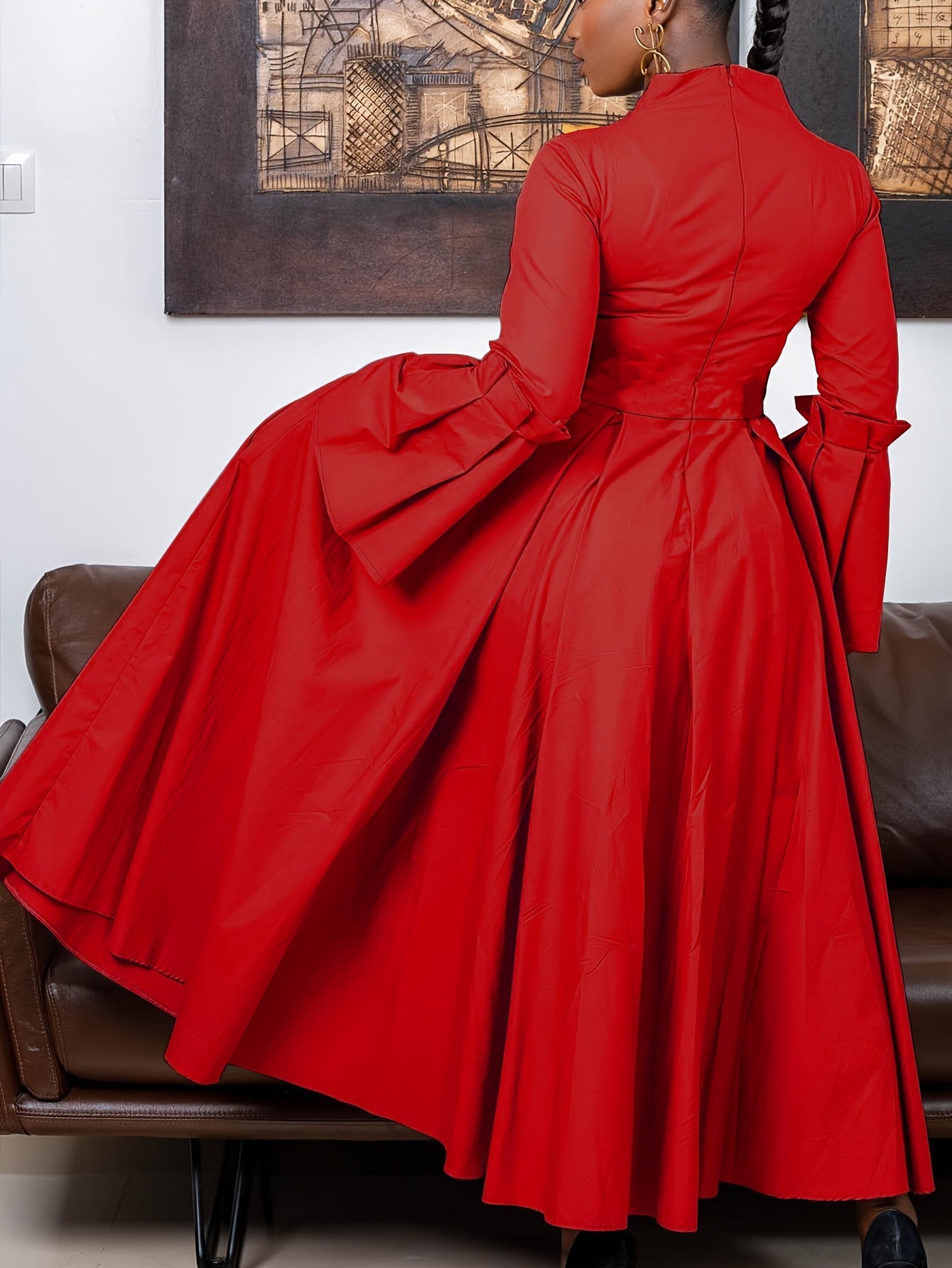Plus Size Solid Color Dress, Elegant Flare Sleeve V Neck Dress For Spring & Fall, Women's Plus Size Clothing
