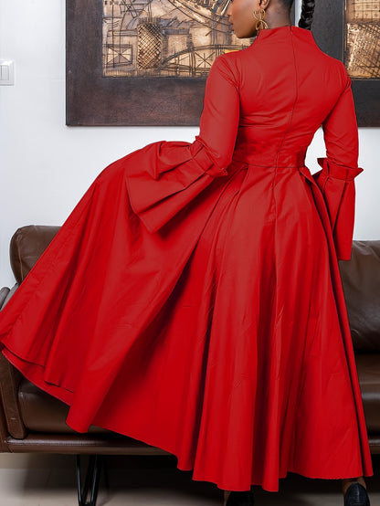 Plus Size Solid Color Dress, Elegant Flare Sleeve V Neck Dress For Spring & Fall, Women's Plus Size Clothing