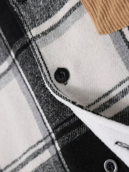 1pc Men'S Casual Plaid Fleece Jacket, Thickened Outerwear with Button Closure, Polyester Fabric, Non-Stretch, Regular Fit, Autumn/Winter Season, Solid Color Pocket Detail
