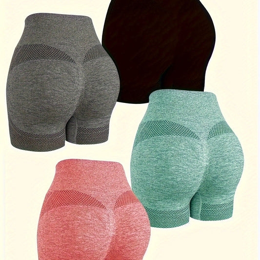 Shorts de yoga de cintura alta sin costuras para mujer (4 piezas): ropa deportiva elástica que realza los glúteos para fitness y entrenamiento.