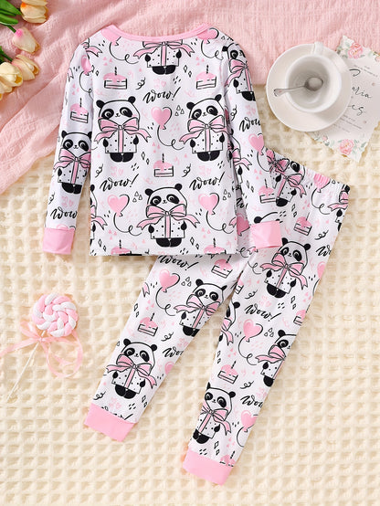 Autumn and Winter 2pcs Set for Girls, Cartoon Cute Panda Love Letters Cake Pattern Printed Round Neck Sweater, Long Sleeve with Drawstring and Elastic Pants, Casual and Comfortable Body-hugging Pajama Set