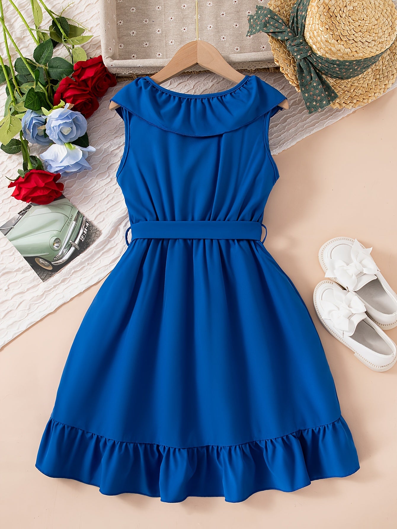 HWMFSNHFZ Elegant Girls Solid Ruffle Trim Sleeveless Belted Dress Summer Clothes Party