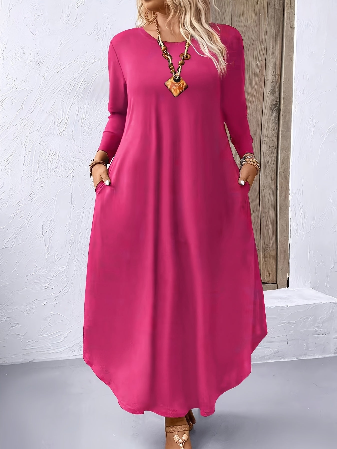 Plus Size Solid Color Dress, Casual Long Sleeve Crew Neck Dress for Spring & Fall, Women's Plus Size Clothing