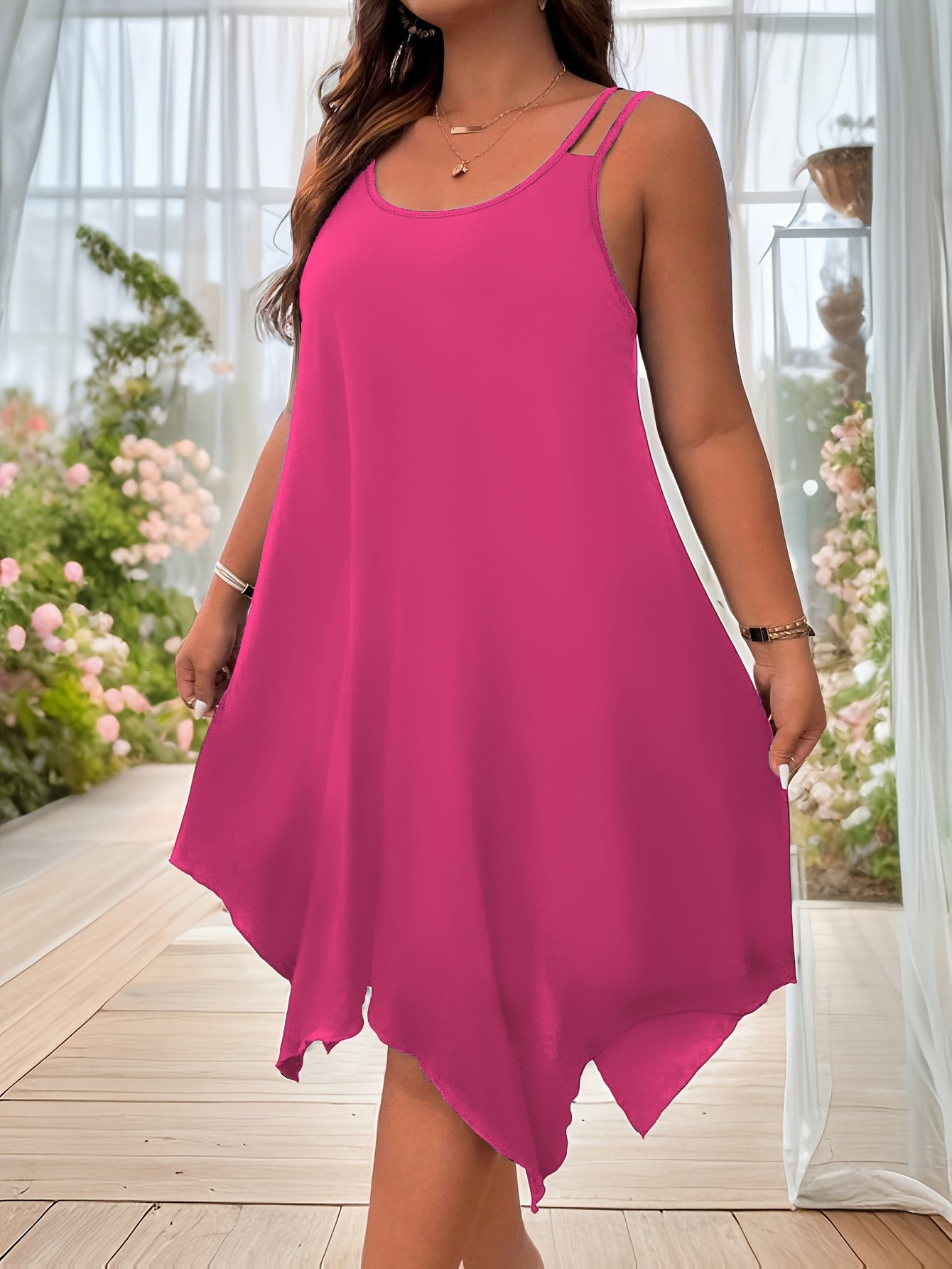 Plus Size Solid Irregular Hem Cami Dress, Casual Sleeveless Dress For Spring & Summer, Women's Plus Size Clothing