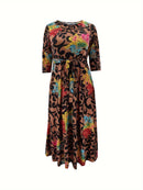 Elegant Women's Plus-Size Dress with Tie Waist, Casual Fashionable Long Sleeve Camouflage Print Knit Fabric with Pocket, X-Shape Fit, Round Neck, Straight Hem, No Bra Pad - Spring/Summer/Autumn