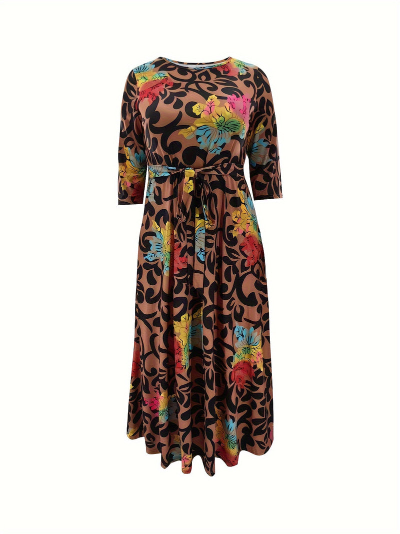 Elegant Women's Plus-Size Dress with Tie Waist, Casual Fashionable Long Sleeve Camouflage Print Knit Fabric with Pocket, X-Shape Fit, Round Neck, Straight Hem, No Bra Pad - Spring/Summer/Autumn