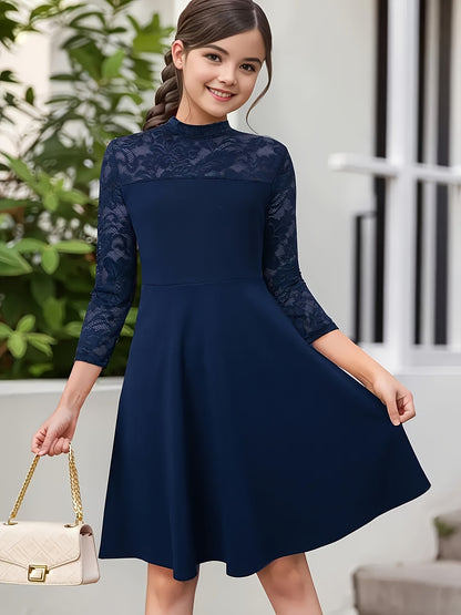 Elegante vestido de niña con encaje y cremallera, de corte A, color liso, mezcla de poliéster elástico, ideal para primavera, verano y otoño.