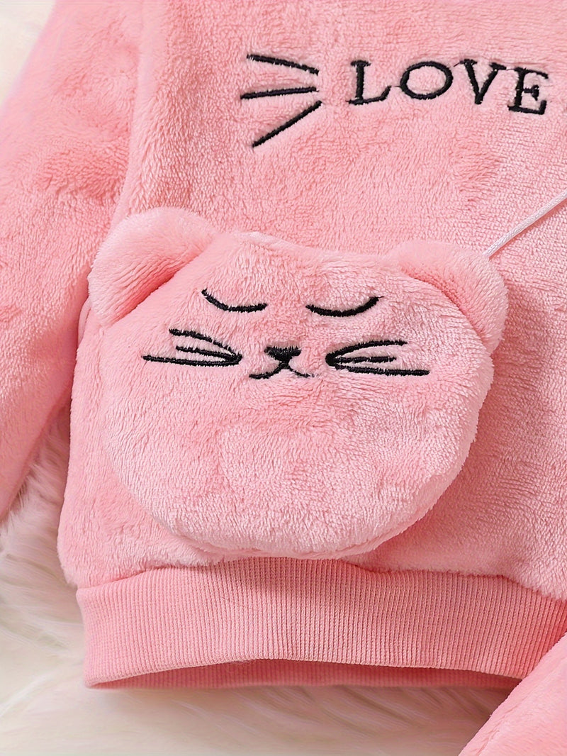 2-piece Baby's LOVE Embroidery Warm Fuzzy Hoodie + Cute Bear Bag + Casual Pants, Toddler &amp; Infant Girl's Outdoor Clothing Set For Fall Winter