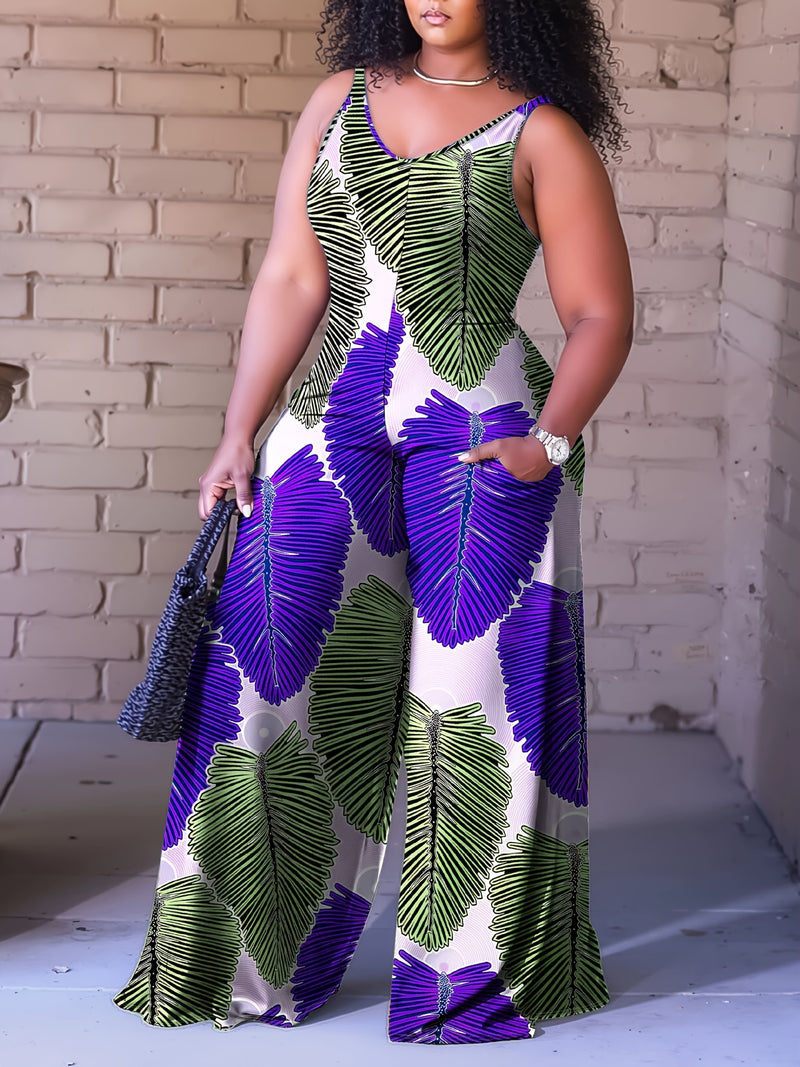 Plus Size, Plus Size Women's Sleeveless V-Neck Geometric Striped Jumpsuit - Wide-Leg Beach Vacation Outfit, Green Yellow White Purple Casual Elegance, Machine Washable All-Season Wear, Beach Clothes, Summer Wardrobe, Elegant