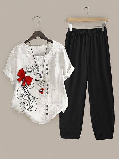Plus Size Women'S Printed Top & Cropped Pants Set - Vacation Style, Crew Neck, Non-Stretch Fabric with Pocket Detail, Portrait Pattern, Lash Sets for Casual Wear, Vacation Outfit | Playful Print Top | Polyester Fabric