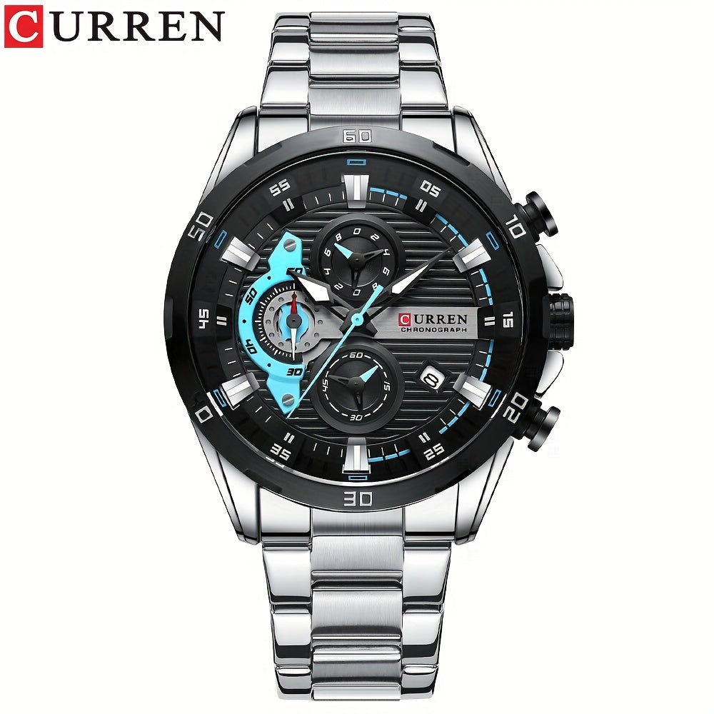 CURREN Reloj deportivo para hombre, cronógrafo multifuncional, puntero de acero inoxidable, reloj redondo