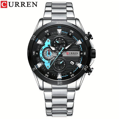 CURREN Men's Sports Watch Multifunctional Chronograph Stainless Steel Pointer Round Watch