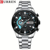 CURREN Reloj deportivo para hombre, cronógrafo multifuncional, puntero de acero inoxidable, reloj redondo