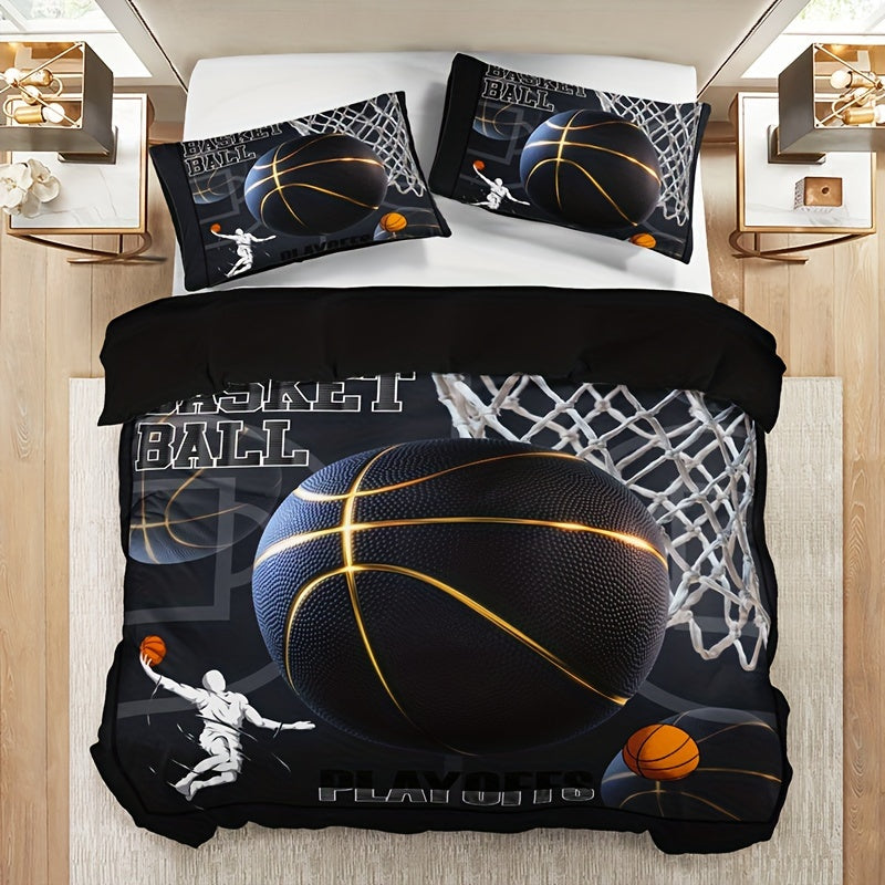 3pcs -Themed Bedding Set - 1 Duvet Cover + 2 Pillowcases, Black with & Print, Breathable Polyester, All-Season Comfort for Home & Dorm Decor