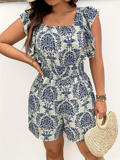 Plus Size Ethnic Print Backless Romper Jumpsuit, Vacation Style Shirred Waist Flutter Sleeve Square Neck Romper Jumpsuit, Women's Plus Size Clothing
