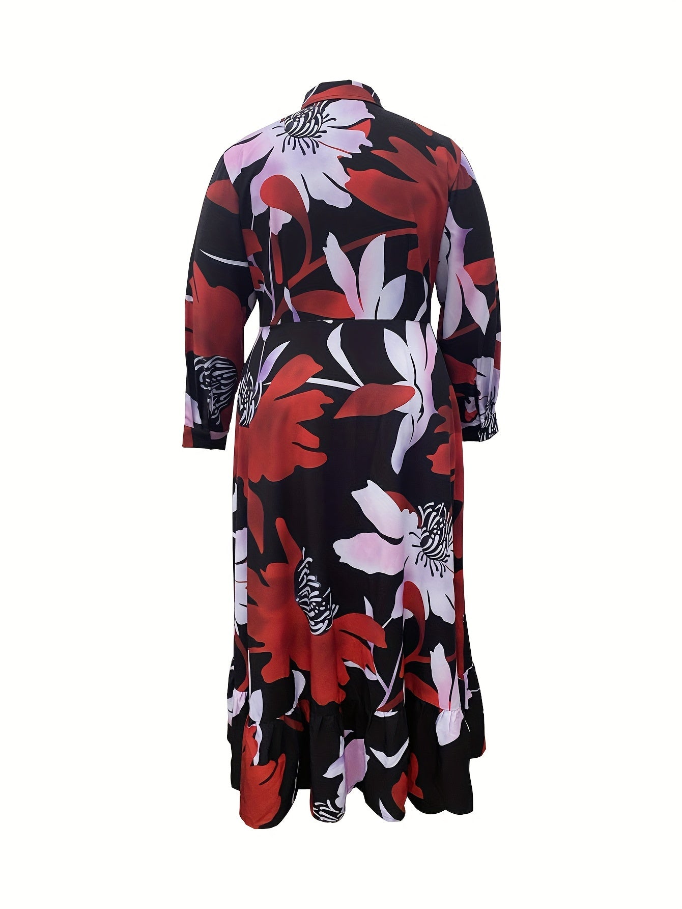 Plus Size Floral Print Button Front Dress, Casual Long Sleeve Collared Dress for Spring & Fall, Women's Plus Size Clothing