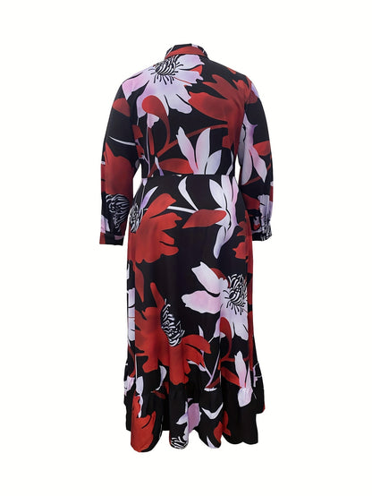 Plus Size Floral Print Button Front Dress, Casual Long Sleeve Collared Dress for Spring & Fall, Women's Plus Size Clothing