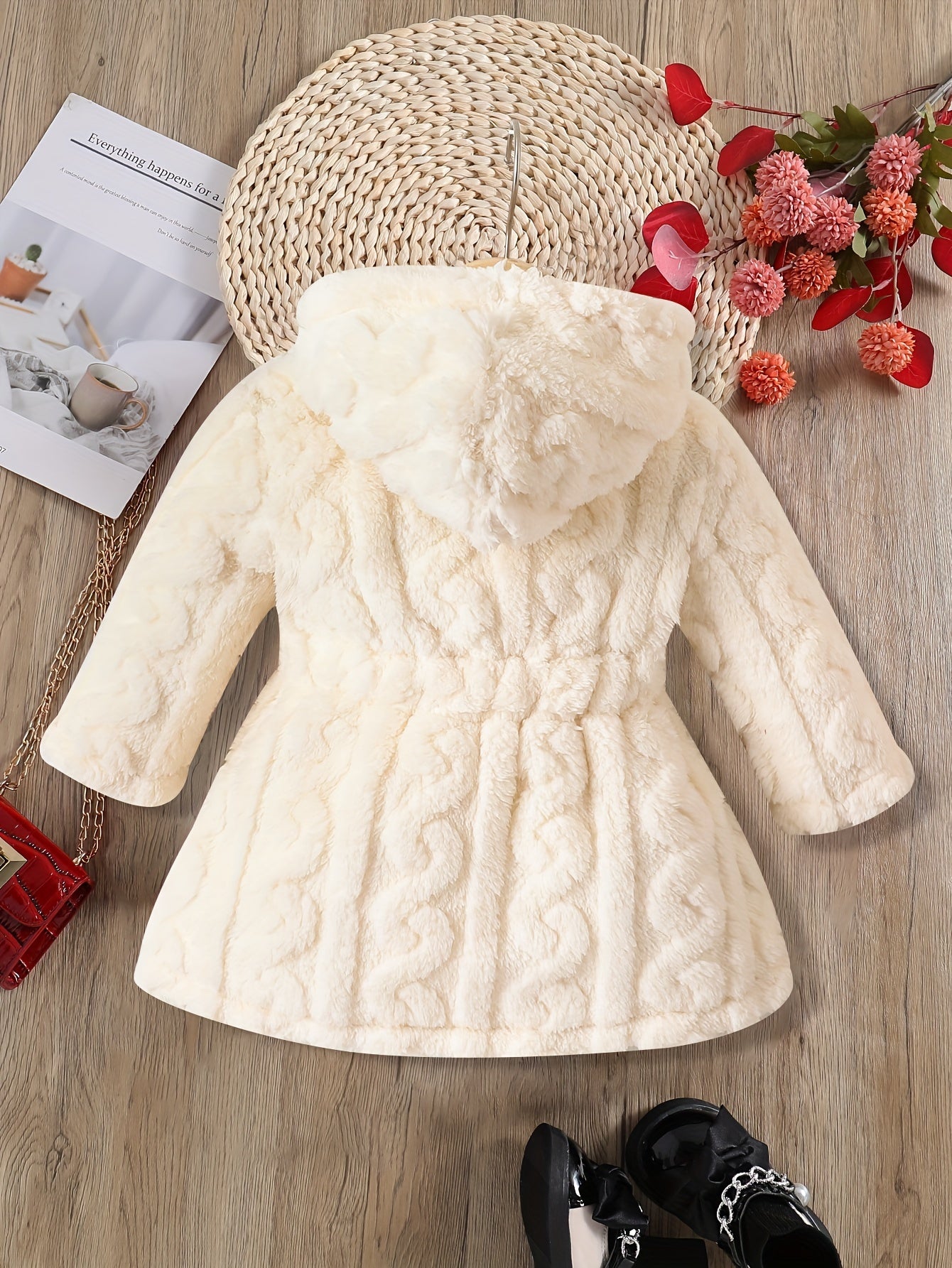 Baby's Warm Fuzzy Fleece Hooded Jacket, Casual Solid Color Zip Up Coat, Infant & Toddler Girl's Clothing For Winter Fall Outdoor