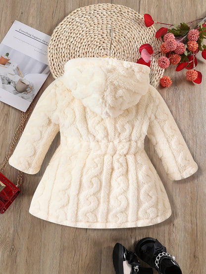 Baby's Warm Fuzzy Fleece Hooded Jacket, Casual Solid Color Zip Up Coat, Infant & Toddler Girl's Clothing For Winter Fall Outdoor