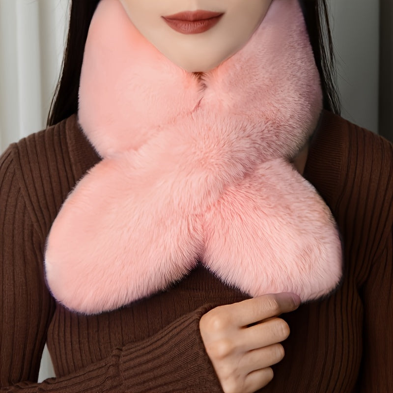 Cozy & Stylish Women's Winter Plush Cross Scarf - Thick, Soft Polyester for Warmth and Neck Protection