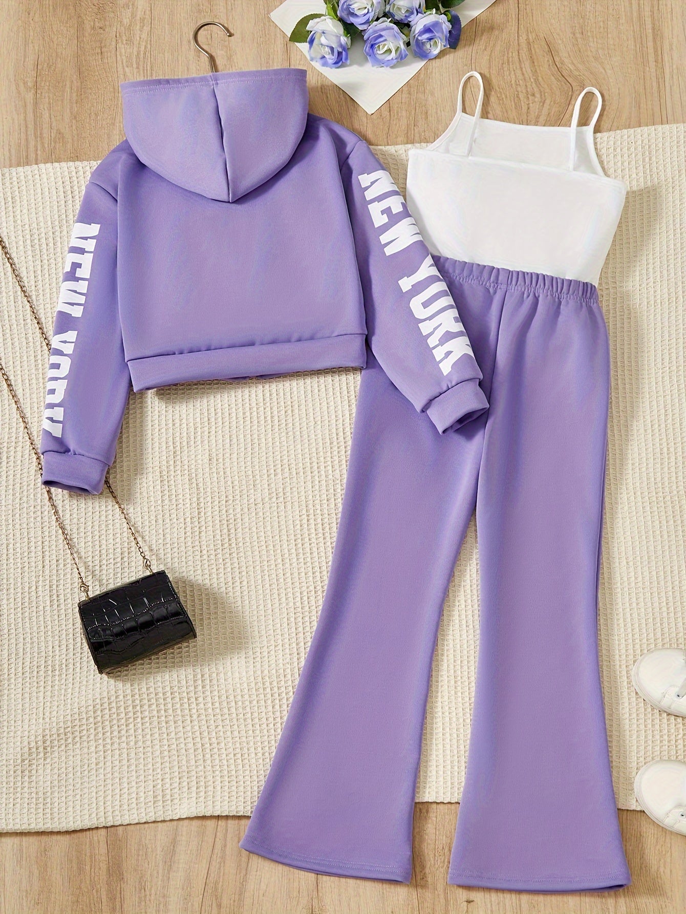 3-Piece Outdoor Sporty Girl's Long Sleeve Zip-up Hoodie + Flared Trousers With Camisole Set - Versatile Comfy For Spring/ Fall Casual Wear, Gift Idea