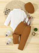 Conjunto de caballero para bebé primavera/otoño: mono con pajarita, pantalón con tirantes y gorro. Traje para bebé y niño pequeño para ocasiones formales al aire libre, fotografía, cumpleaños y bodas. Ropa de exterior.