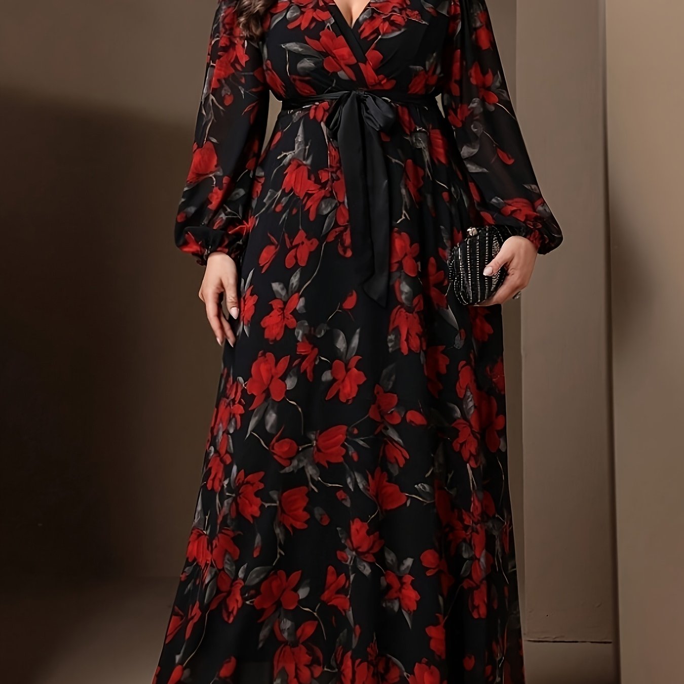 Elegant Plus Size Floral Print V-Neck Dress with Tie Waist, 100% Polyester Woven Fabric, Non-Stretch, Fitted Spring/Fall Maxi Dress