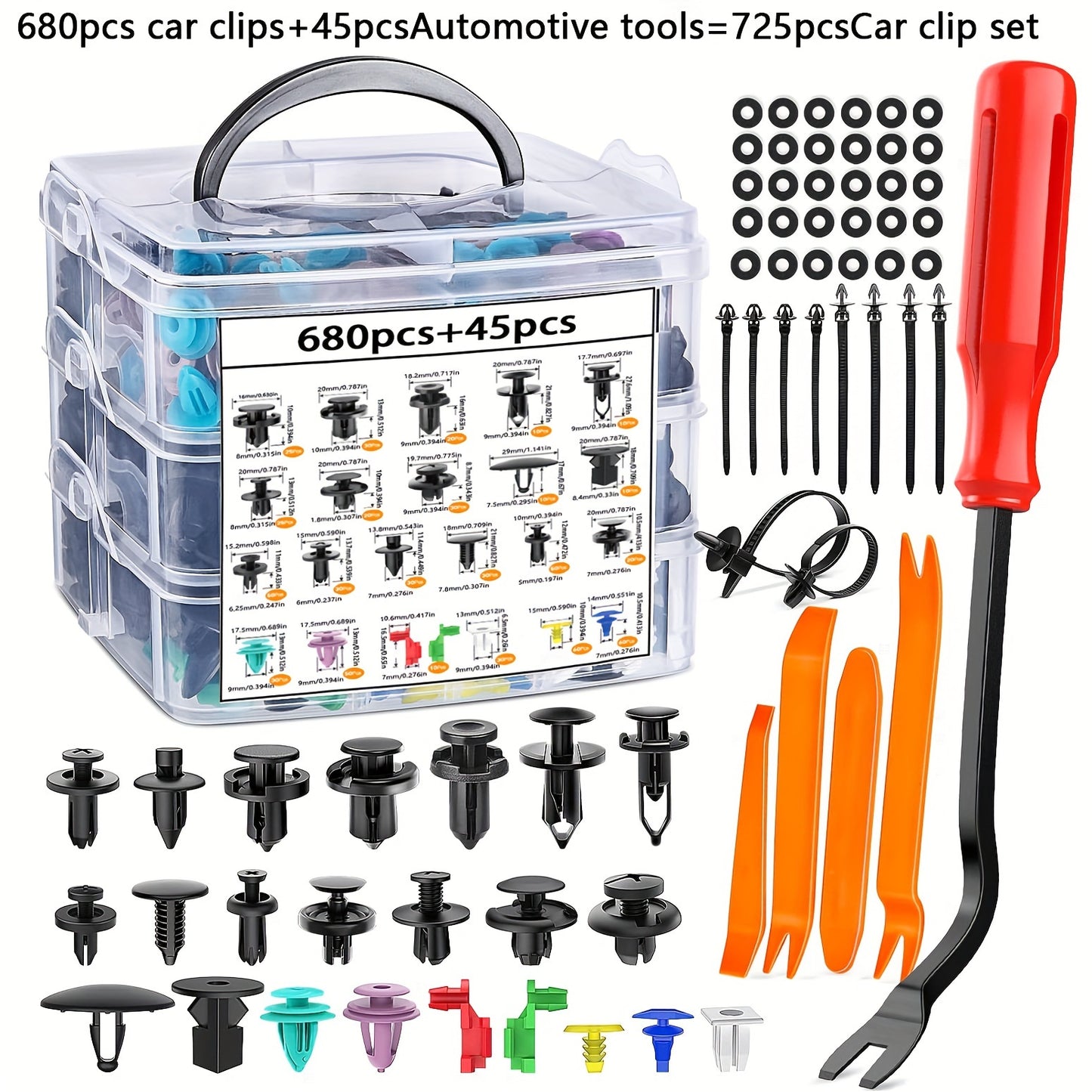 680pcs Car Bumper Clip Set, 725pcs Automotive Tool Kit, PP Material, Car Accessories, Fender Clips, Push Fixture, Rivet Clips, Car Repair Tools, for Vehicle Assembly, Durable Car External Accessories