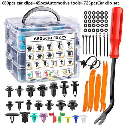 680pcs Car Bumper Clip Set, 725pcs Automotive Tool Kit, PP Material, Car Accessories, Fender Clips, Push Fixture, Rivet Clips, Car Repair Tools, for Vehicle Assembly, Durable Car External Accessories