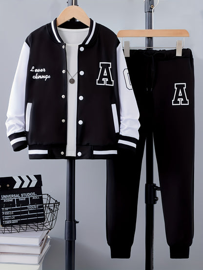 Conjunto de 2 piezas de chaqueta universitaria con estampado de letras para niño, chaqueta bomber y pantalón estilo preppy, ropa infantil para otoño e invierno, uso diario y al aire libre, como regalo.