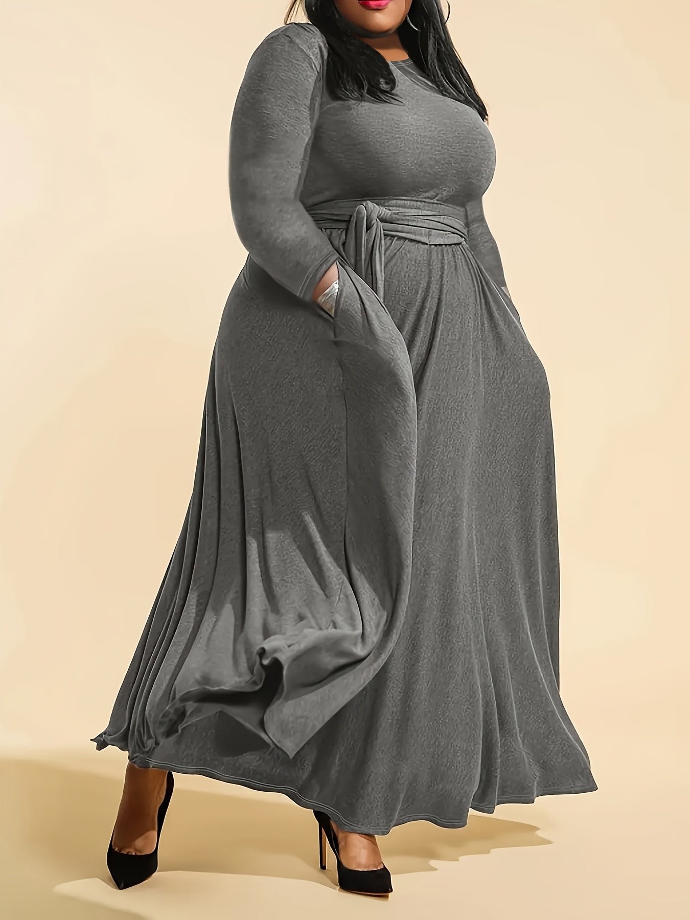 Plus Size Elegant Gray Maxi Dress with Belt - Stretchy Polyester, Long Sleeves, Round Neck, Ruffle Hem & Pockets - Machine Washable for Spring/Fall, TB6422, Waist-cinching, Long Dress
