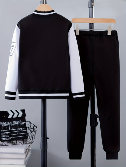 Conjunto de 2 piezas de chaqueta universitaria con estampado de letras para niño, chaqueta bomber y pantalón estilo preppy, ropa infantil para otoño e invierno, uso diario y al aire libre, como regalo.