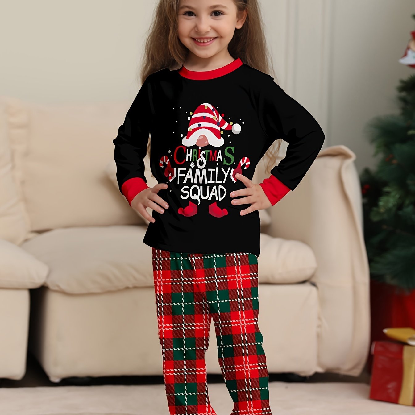 Cozy Youngsters' Christmas Pajama Set - Flame Retardant, Santa Hat & Mini Print, Long Sleeve Black Top with Red Plaid Pants, Cozy Loose Fit for Fall/Winter
