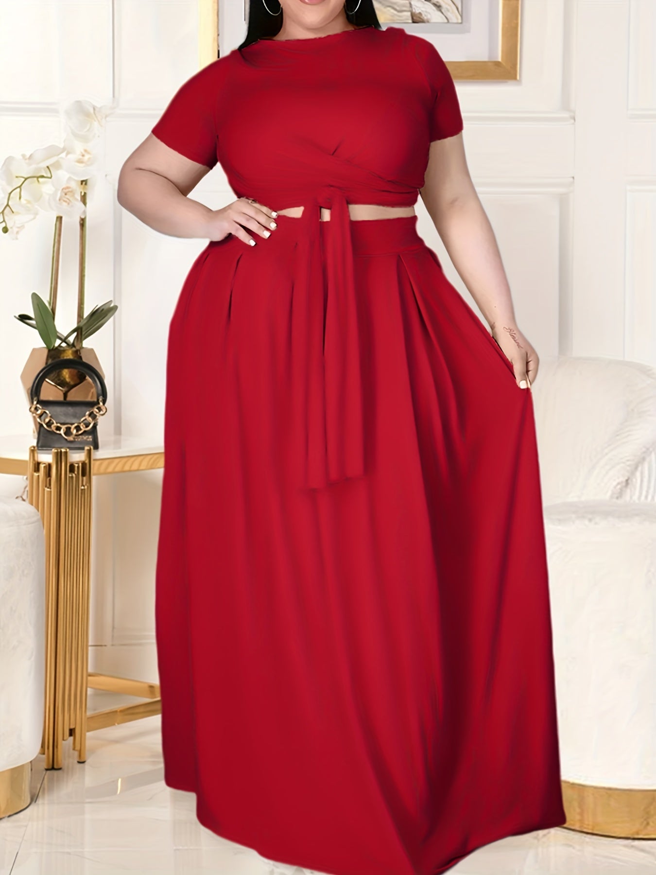 Plus Size Women's Solid Color Cross Tie Maxi Skirt Set, Casual Polyester Knit Dress with Short Sleeves, Round Neck, Pullover, Elastic Fabric, Fashionable Two-Piece Outfit