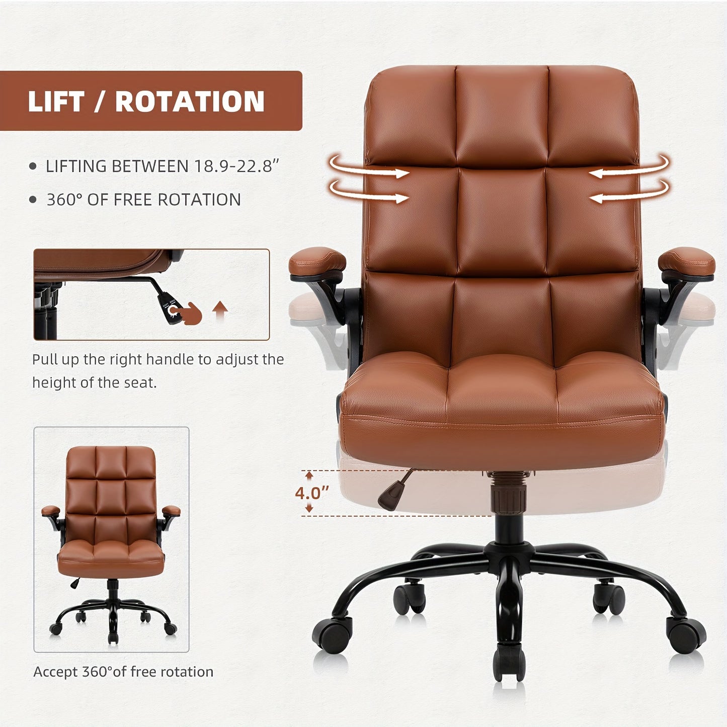 Ergonomic Executive Office Chair with Armrests - PU Synthetic Leather Swivel Desk Chair with Adjustable Height, Head Support, 9-Zone Comfort Design, Wood Frame, and Sponge Cushioning - Home and Office Task Chair with Casters