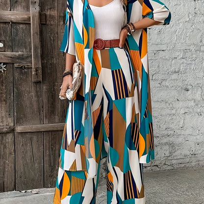 Chic Plus Size Geometric Print Women's Ensemble - Open Front Long Sleeve Shirt & Wide-Leg Pants - Elegant Polyester Casual Outfit for Fashion-Forward Ladies, Machine Washable, Plus Size Casual Outfits Set