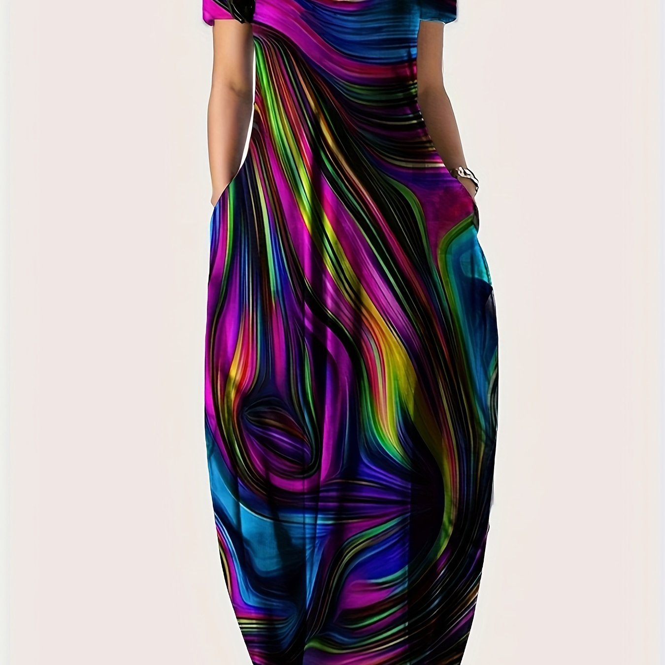 [1pc Plus Size Geometric Print Maxi Dress] 1pc Plus Size Geometric Print Maxi Dress, Stretchy Polyester Knit, Round Neck, Short Sleeve, Casual Loose Fit with Pockets, All-Season Versatile Style
