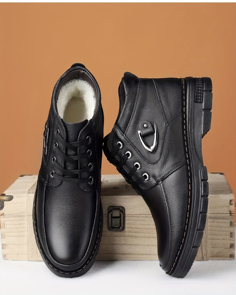 Men's Leather Boots, Winter Thermal Shoes, Windproof Hiking Boots With Fuzzy Lining