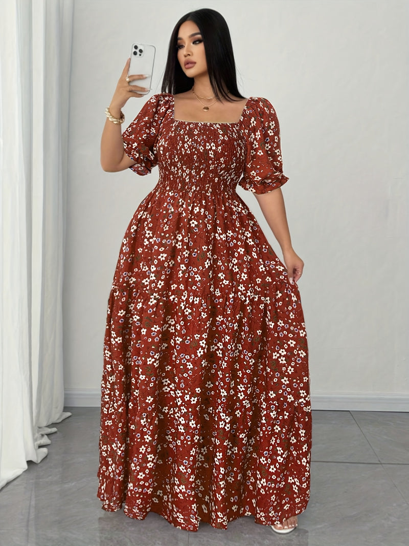 Women's Summer Square Neck Elastic Waist Floral Print Puff Sleeve A-Line Maxi Dress - Lightweight Breathable Machine Washable Plus Size Flowy Long Dress for Beach Vacation & Casual Outings, Beach Dresses