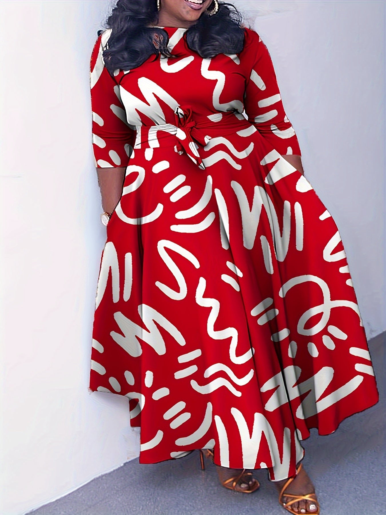 Elegante vestido de poliéster de talla grande con cinturón: cuello redondo elástico cómodo, estilo informal para el fin de semana, dobladillo recto, silueta grande con bolsillos, manga corta, tejido de punto jersey para primavera, verano y otoño.