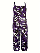 Plus Size, Plus Size Women's Sleeveless V-Neck Geometric Striped Jumpsuit - Wide-Leg Beach Vacation Outfit, Green Yellow White Purple Casual Elegance, Machine Washable All-Season Wear, Beach Clothes, Summer Wardrobe, Elegant