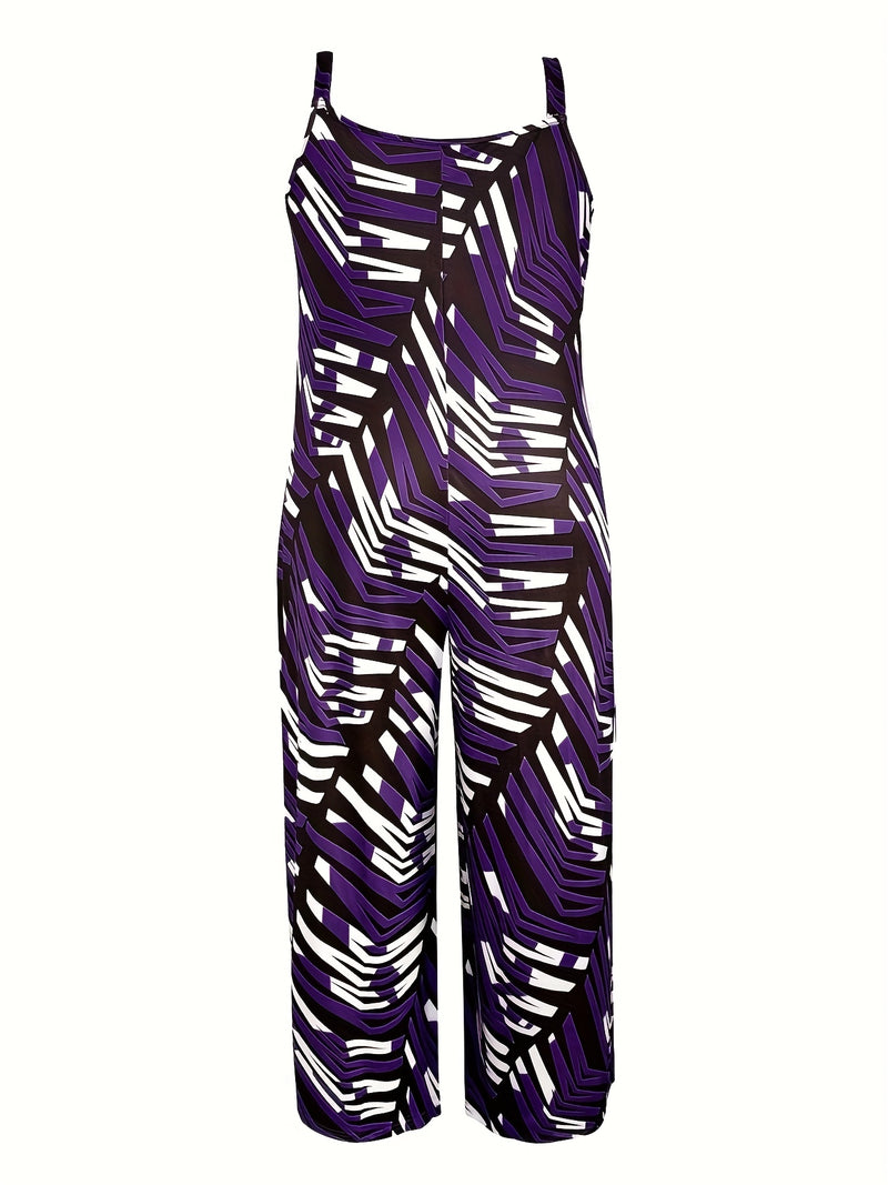 Plus Size, Plus Size Women's Sleeveless V-Neck Geometric Striped Jumpsuit - Wide-Leg Beach Vacation Outfit, Green Yellow White Purple Casual Elegance, Machine Washable All-Season Wear, Beach Clothes, Summer Wardrobe, Elegant