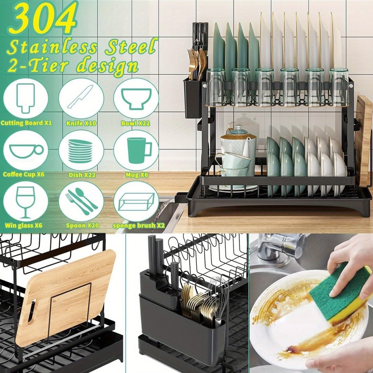 2 Tier Stainless Steel Dish Drying Rack with Drainboard, Adjustable Dish Drainer for Kitchen Counter with Utensil Holder and Cup Rack – Rotatable Drainage System