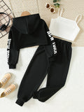 Girls' 3pcs Fashion Outfit, Short Hoodie and Tank Top with Athletic Pants Set, New York Print Casual Long Sleeve Top, Kids Spring/Summer/Autumn/Winter Clothing, Knitted Fabric, Stretchy, Letter Pattern, Regular Fit, Polyester