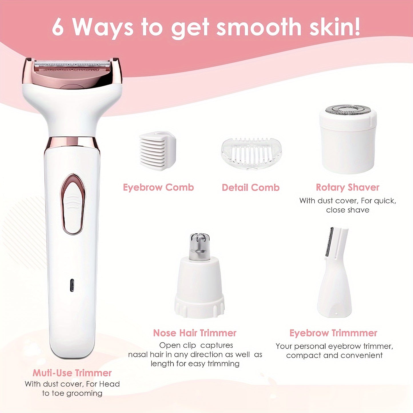 4 In 1 Women's Electric Hair Remover/Women's Multi-Function Electric Hair Remover Set/Women's Bikini Trimmer/USB Rechargeable/Hair Remover for Pubic Hair, Eyebrows, Nose, Face, Legs, / Portable, Gentle, Women's Gift, Mother's